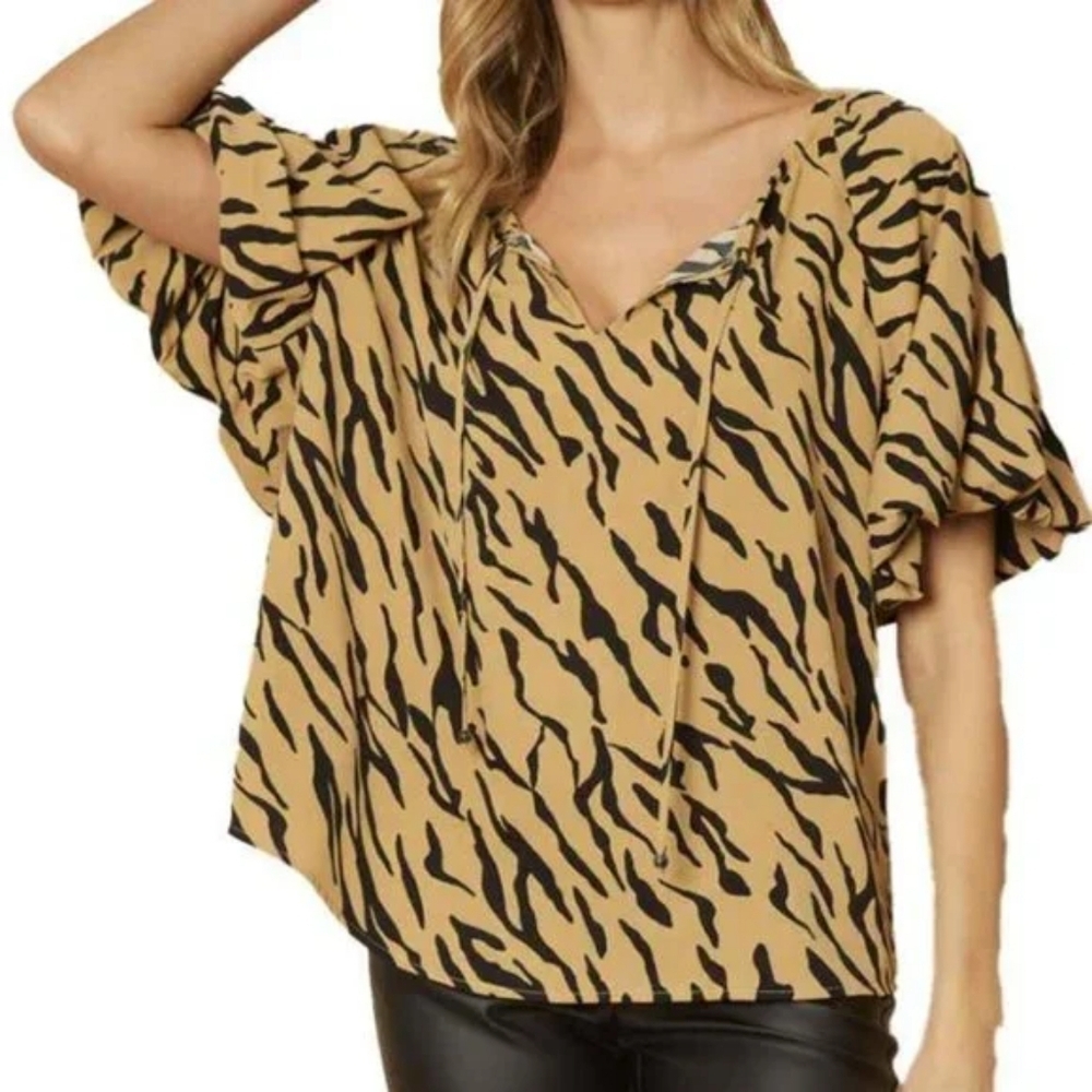 Entro Tan & Black Animal Print Top, Short Balloon Sleeves, Tie Neck, Size Small